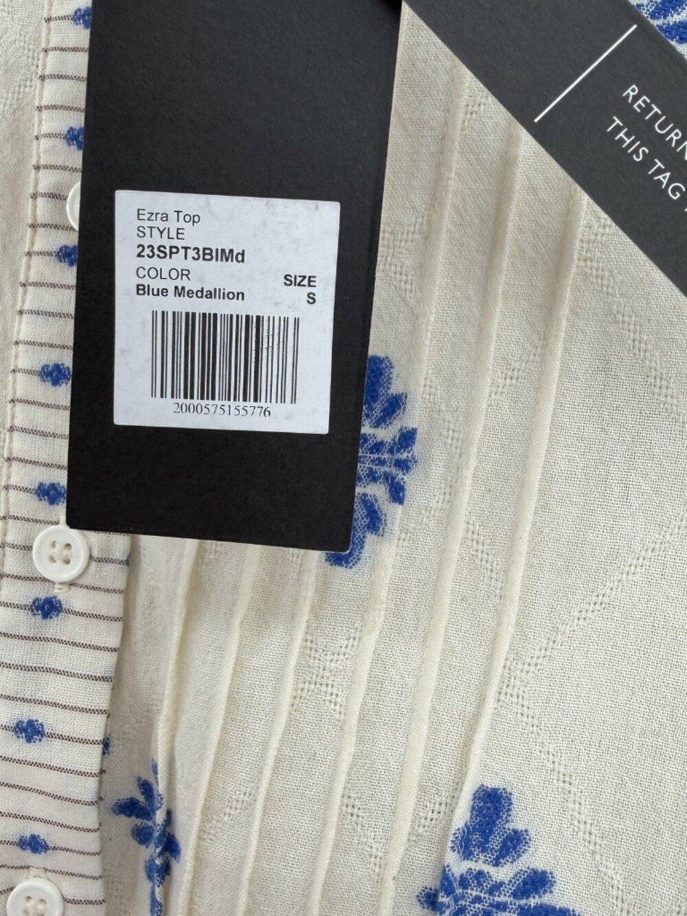 Hunter Bell Ezra Blouse size S Small Cotton Blend Blue Medallion, Cream - Picture 9 of 11